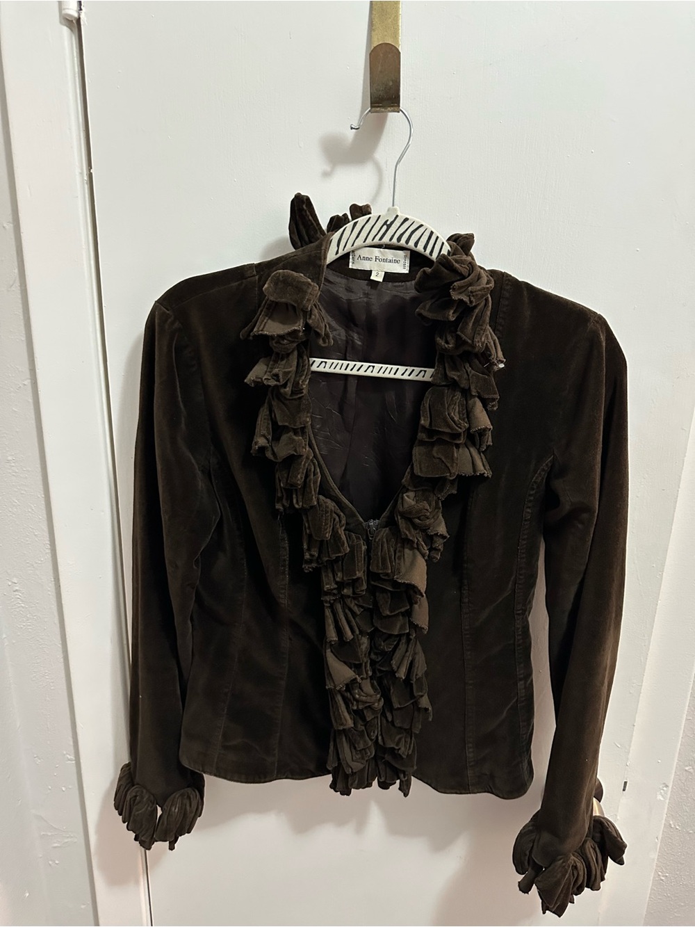 Anne Fontaine Dark Brown Velvet Ruffle Blazer